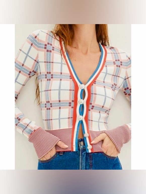 Veronica Beard Merle Plaid-Jacquard Cardigan Size Red White Blue Size Xs